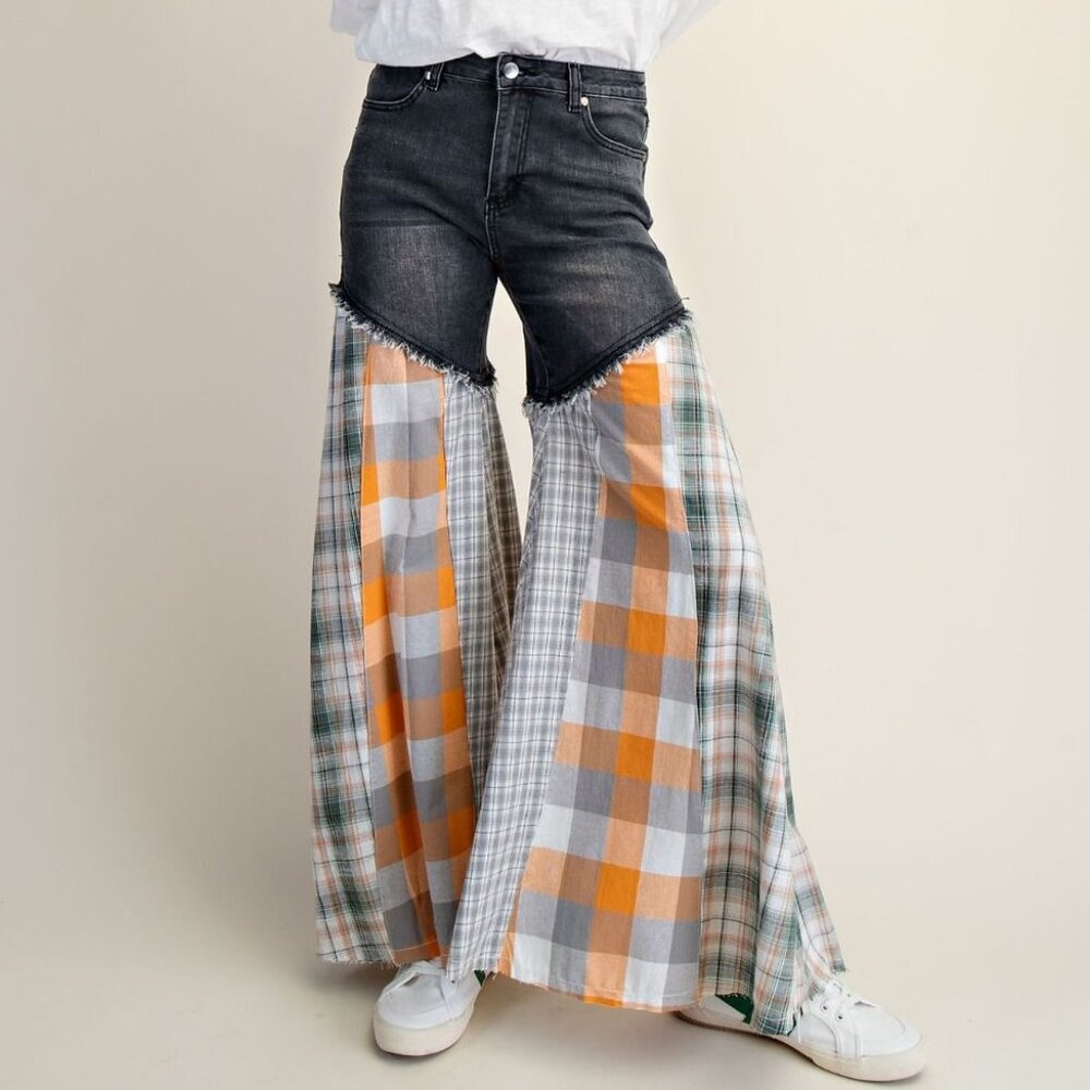 2-0426 Easel Plaid Mix Super wide flare cotton denim pants Boutique